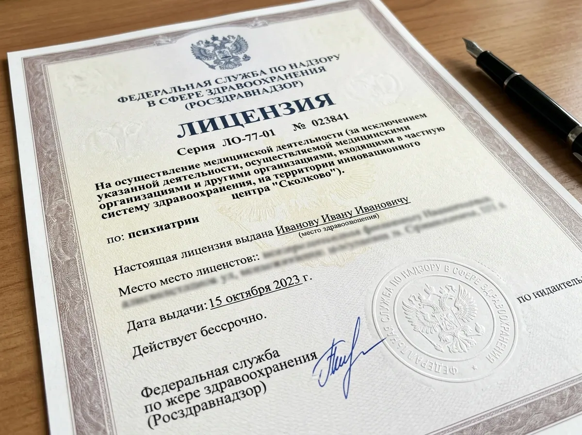 Медицинская лицензия ЛО-77-01-023841, выданная Росздравнадзором, официальный документ на осуществление психиатрической деятельности, гербовая печать
