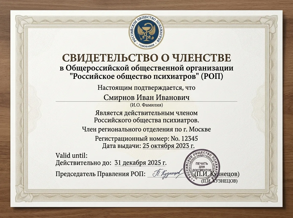 Свидетельство о членстве в Российском обществе психиатров, официальный документ профессиональной ассоциации с подписью и печатью